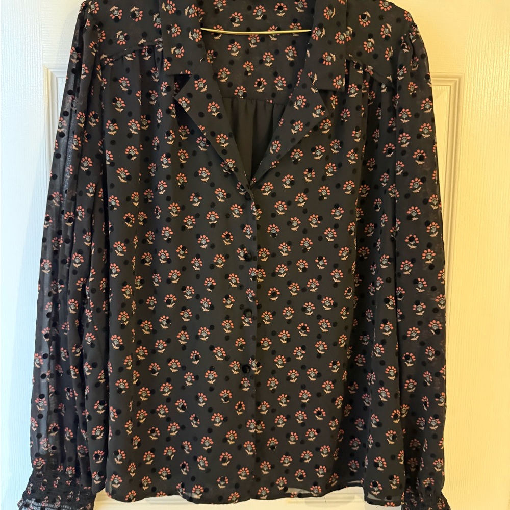 DR2 Black Floral Blouse velvet dots and floral pattern